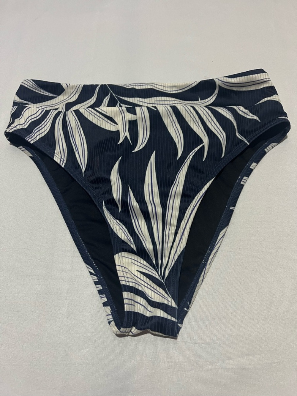 CupShe High-Waist Cheeky Navy Bikini Bottom with White Leaf Print Womens Medium